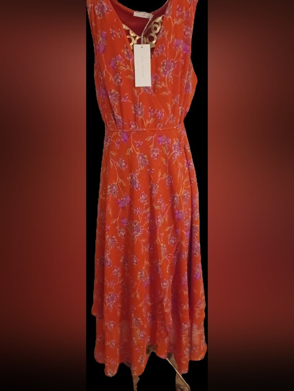 Lush Orange Maxi Wrap Dress with Purple Floral Print
